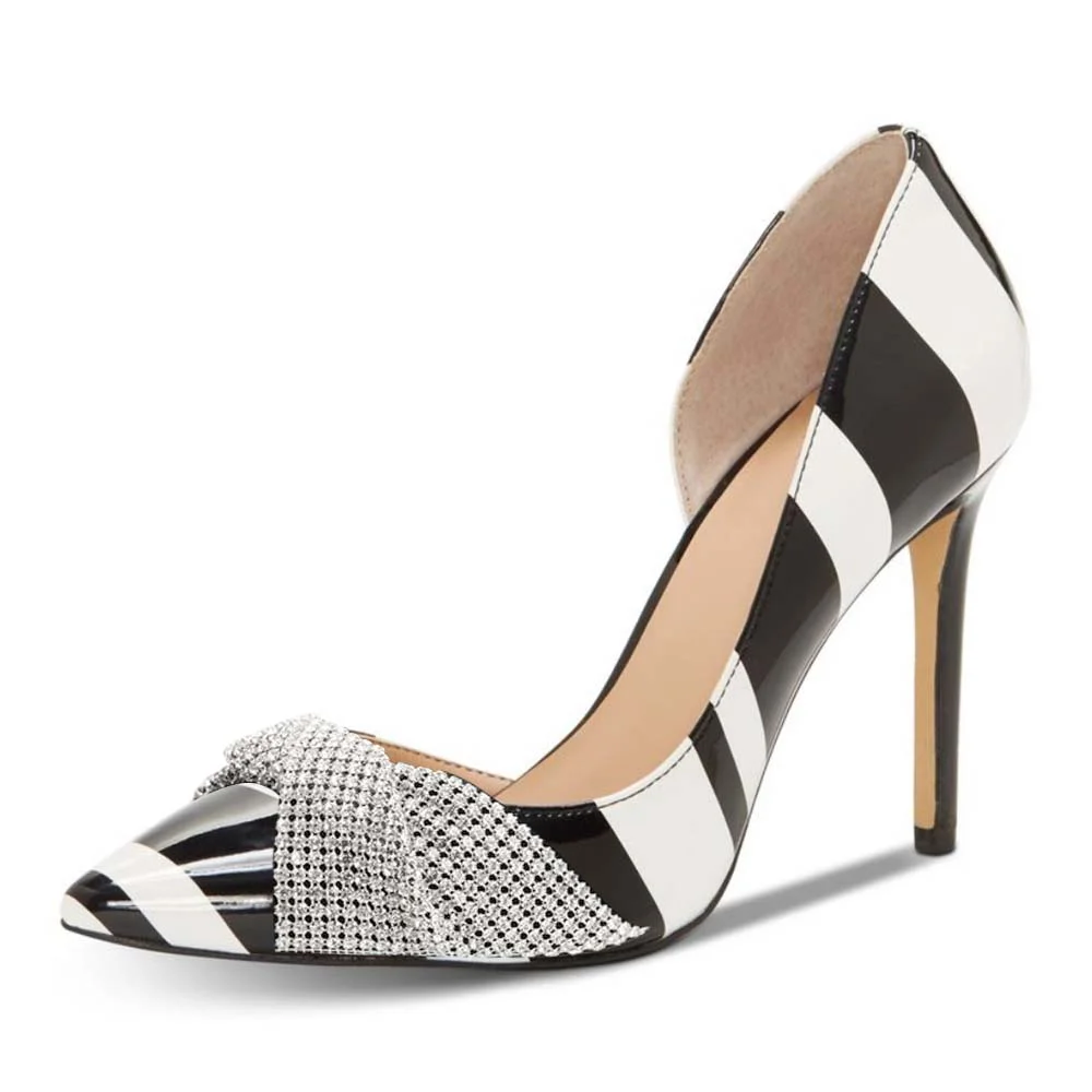 White Black Striped Pointed Toe Pumps With Rhinestone Knot Decor Stiletto Heels Nicepairs