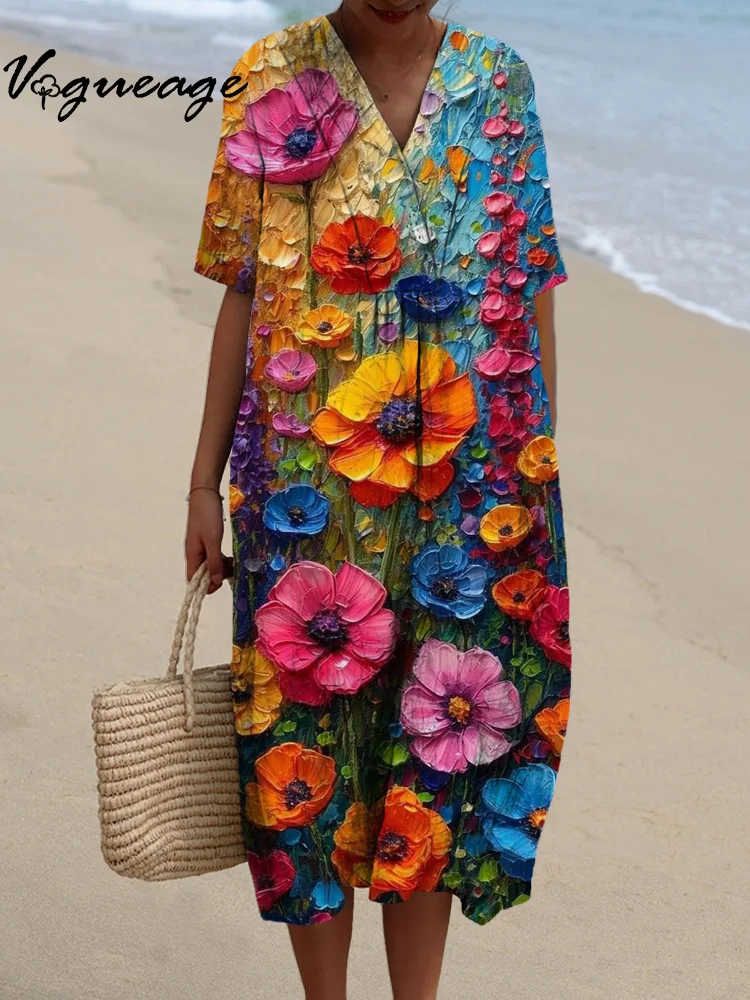 Colorful Art Oil Painting Realistic Flowers Printed Women's Casual Cotton And Linen Dress