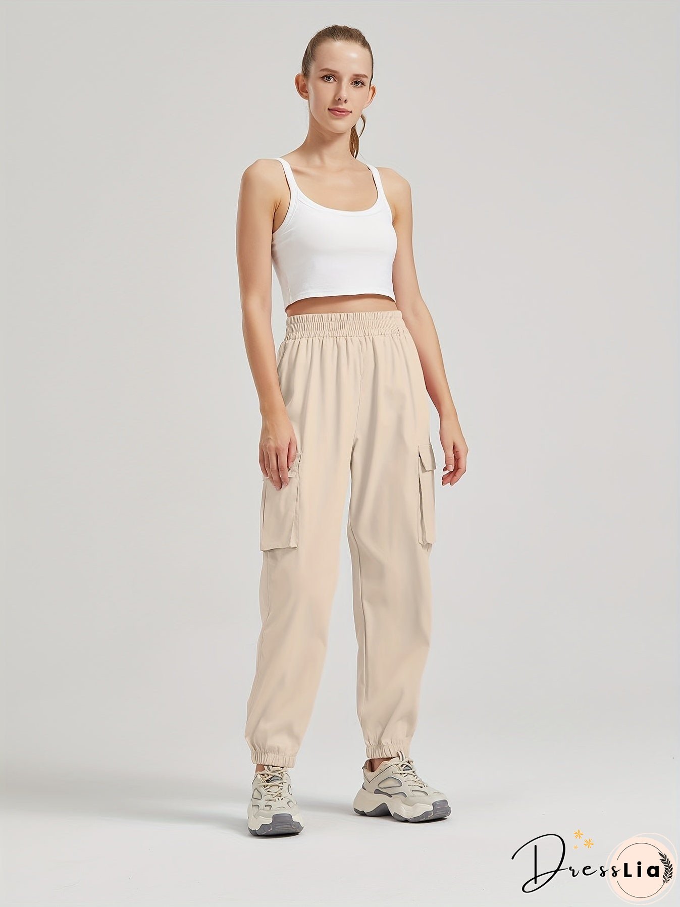 Solid Color Casual Joggers Sweatpant, Cargo Loose High Waisted Pants With Pockets, Women's Athleisure