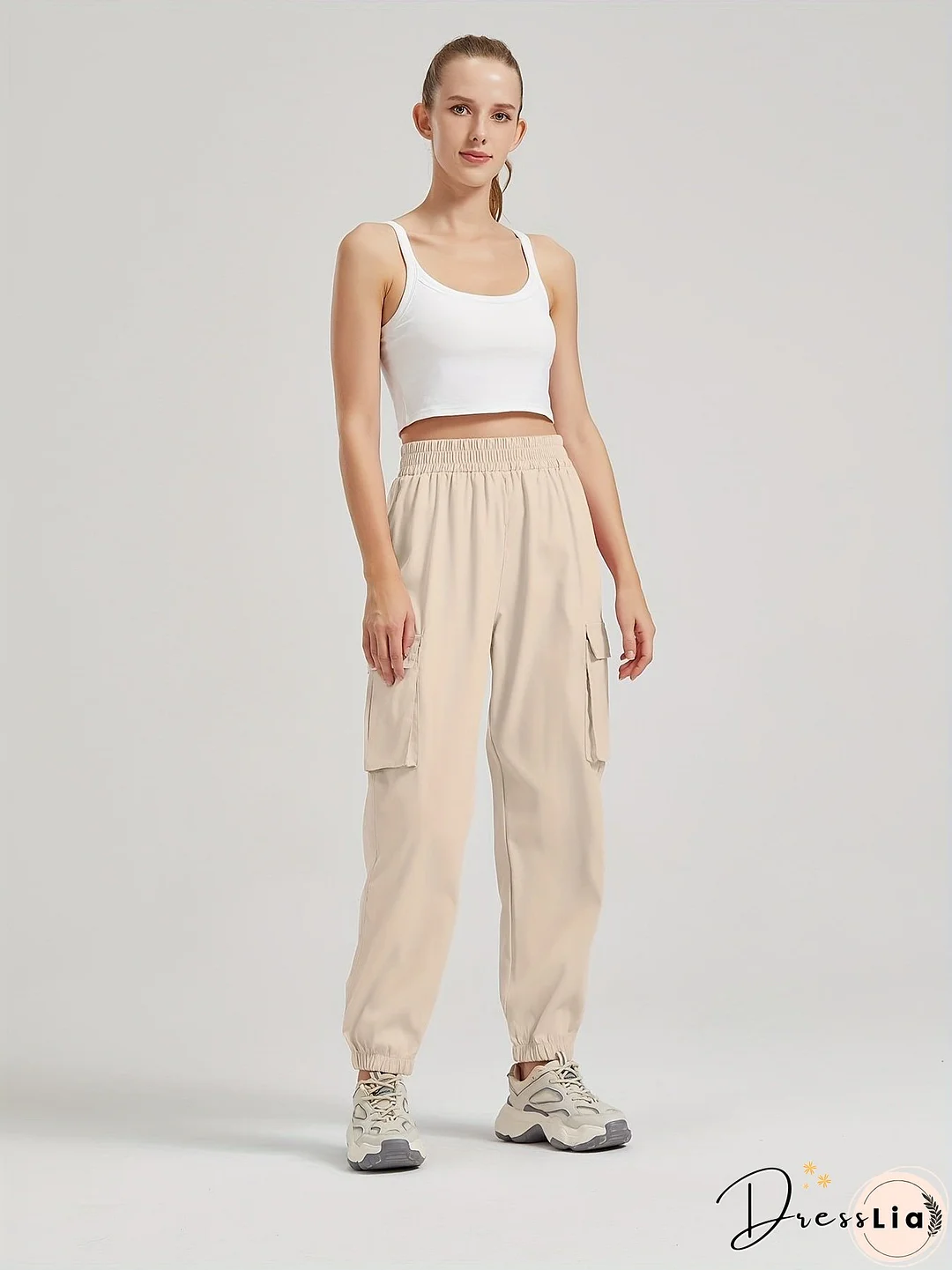 Solid Color Casual Joggers Sweatpant, Cargo Loose High Waisted Pants With Pockets, Women's Athleisure