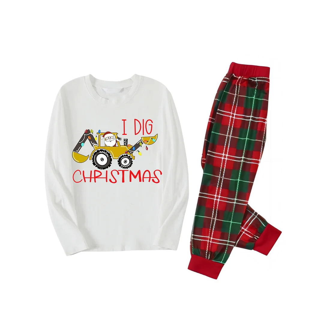 "I Dig Christmas" Cartoon Excavator Pattern White Long Sleeve with White&Red&Green Plaid Pants Family Matching Pajamas