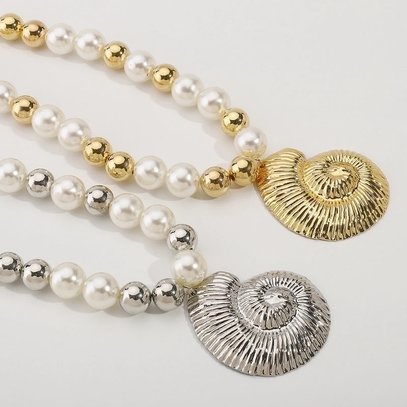 Exaggerated Beach Conch Heart Shape CCB Imitation Pearl Alloy Pendant Necklace2