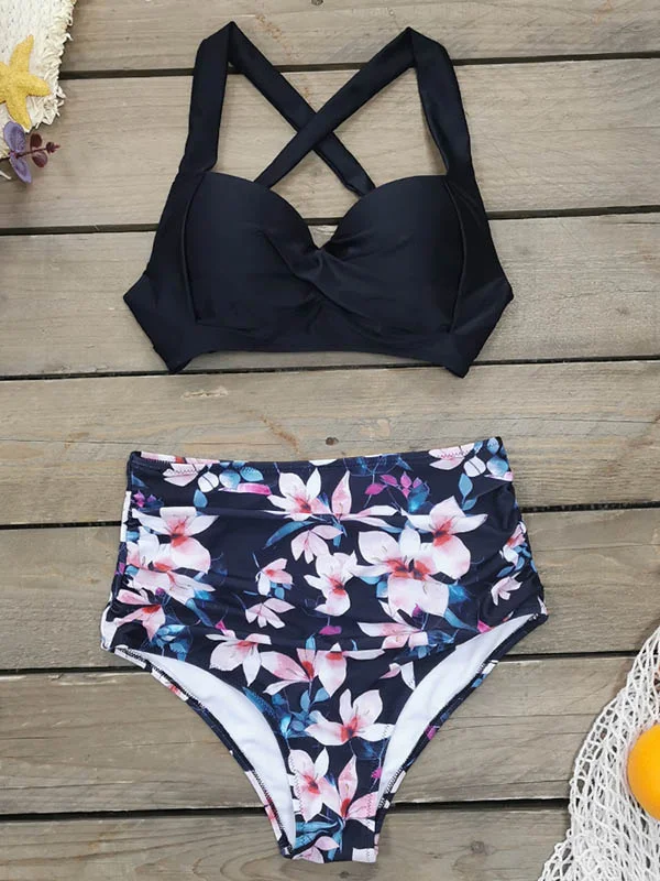 Halter-Neck High-Waisted Floral Bikini Swimsuit 