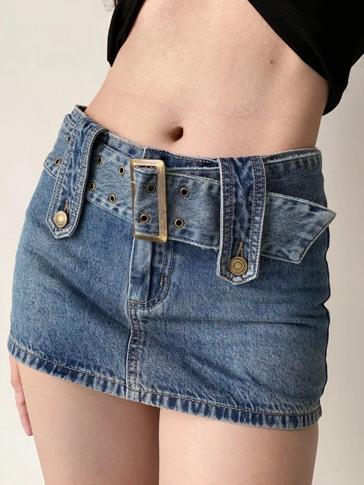 WOMENGAGA Wide Belt Denim Miniskirt For Women Korean Hot Sexy Women Short Skirts Pocket High Waist Boho Safari Style LU2N