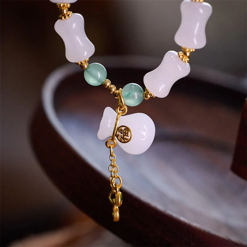 Bamboo Pattern White Golden Silk Jade Wealth Lucky Bag Fu Character Beads Bracelet