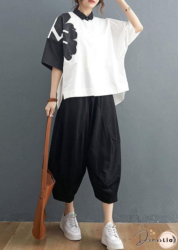 Organic White Print Black Harem Two Pieces Set Summer Cotton Linen