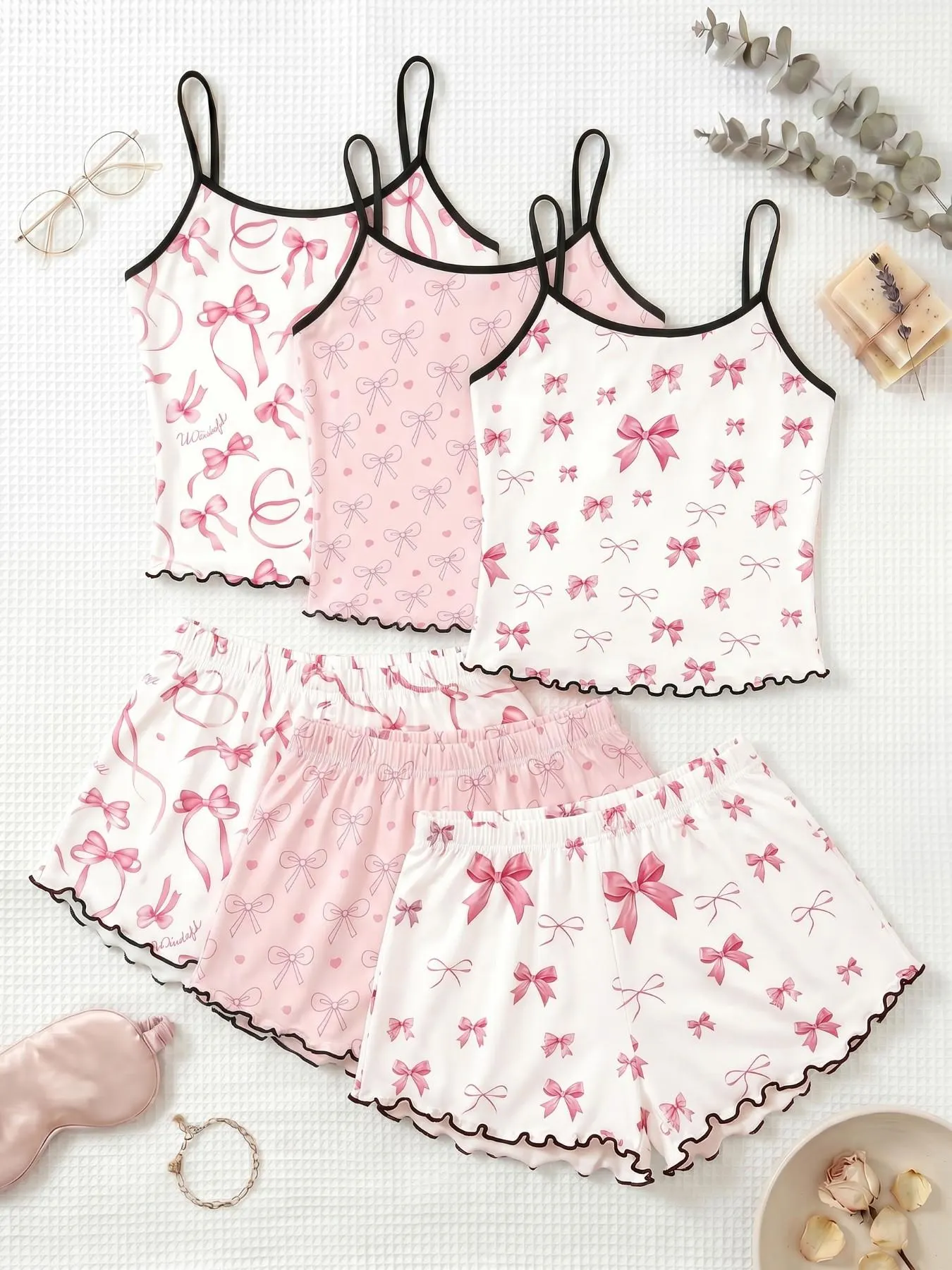 Cherry Print Halter Short Pajamas, Ruffle Trim Design, Sweet Girl Style, Breathable Home Sleepwear, 3-Piece Set
