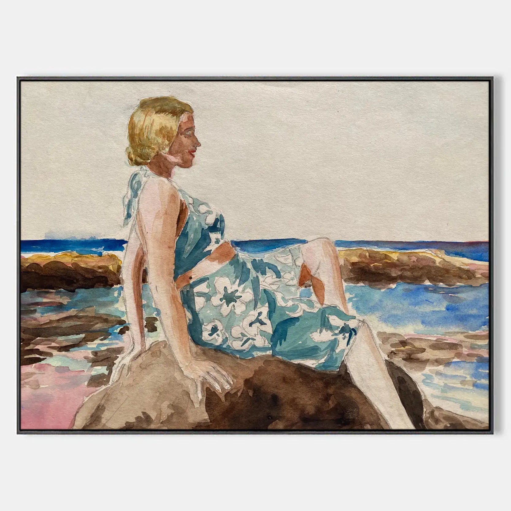 Arabelart 1930's French Impressionist Painting, Young Girl in Blue Dress Rocky Coast Sea AR1237