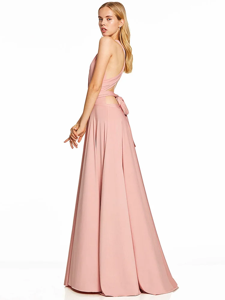 Floor-Length V-Neck Pink A-Line Evening Party Dress