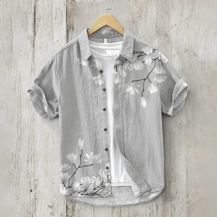 Vintage Magnolia Flower Short Sleeve Linen Blend Shirt