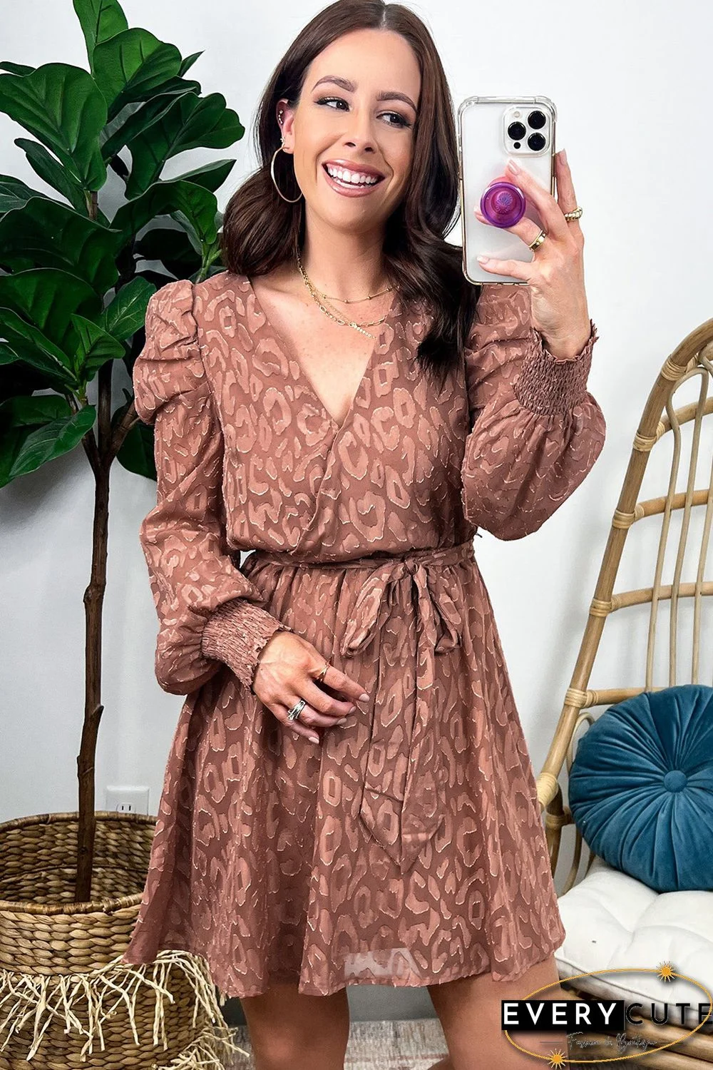 Jacquard Animal Print Surplice V Neck Short Dress