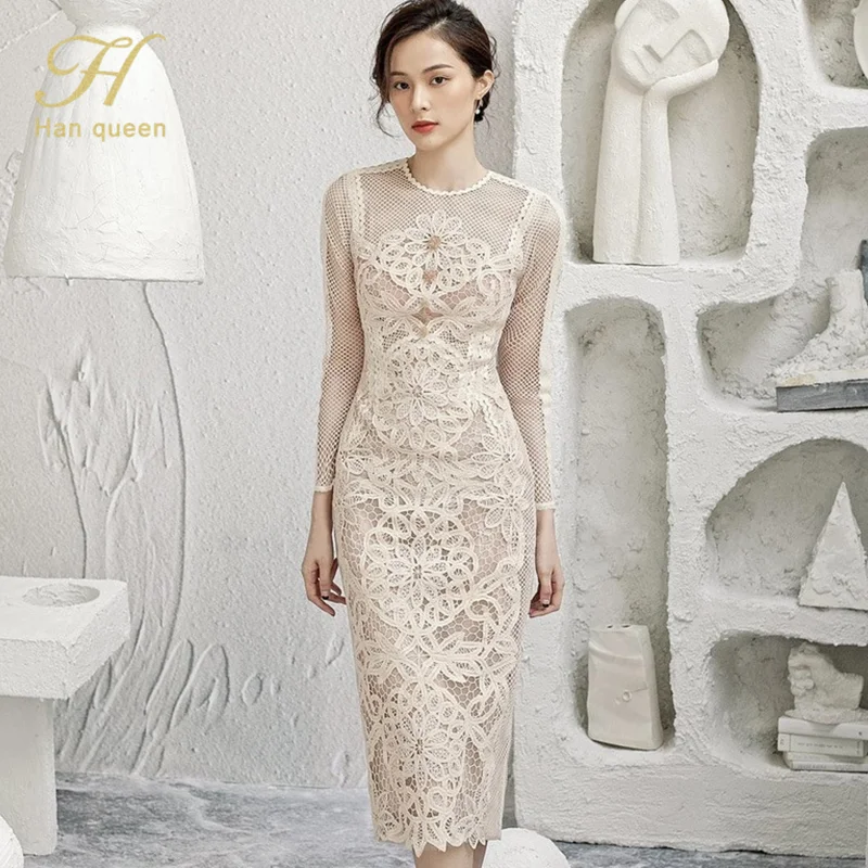 Budgetg Han Queen 2023 Spring Autumn Fashion Female Lace Vestidos Pencil Bodycon Dress Crochet Hollow Out Slim Midi Casual Dresses