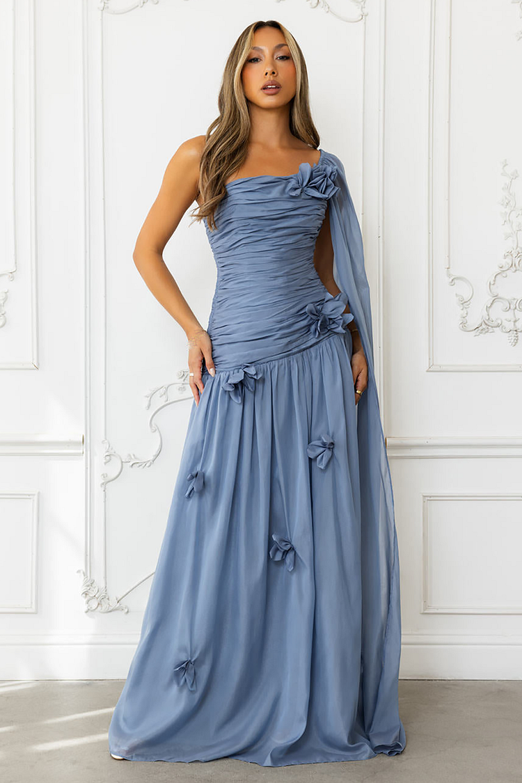 3D Flower Ruched Cinch Waist One Shoulder Maxi Cape Dresses-Blue [Pre Order]