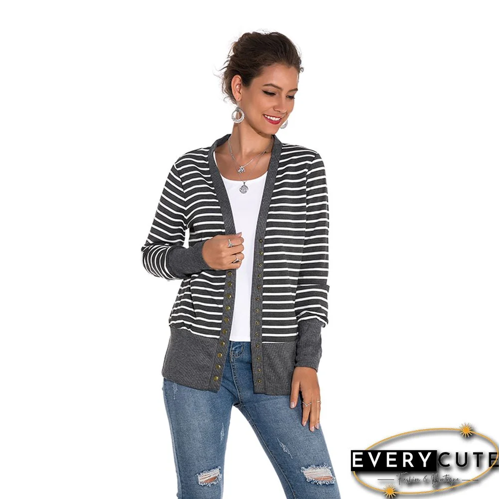 Gray Hem Black Stripes Button Down Cardigan