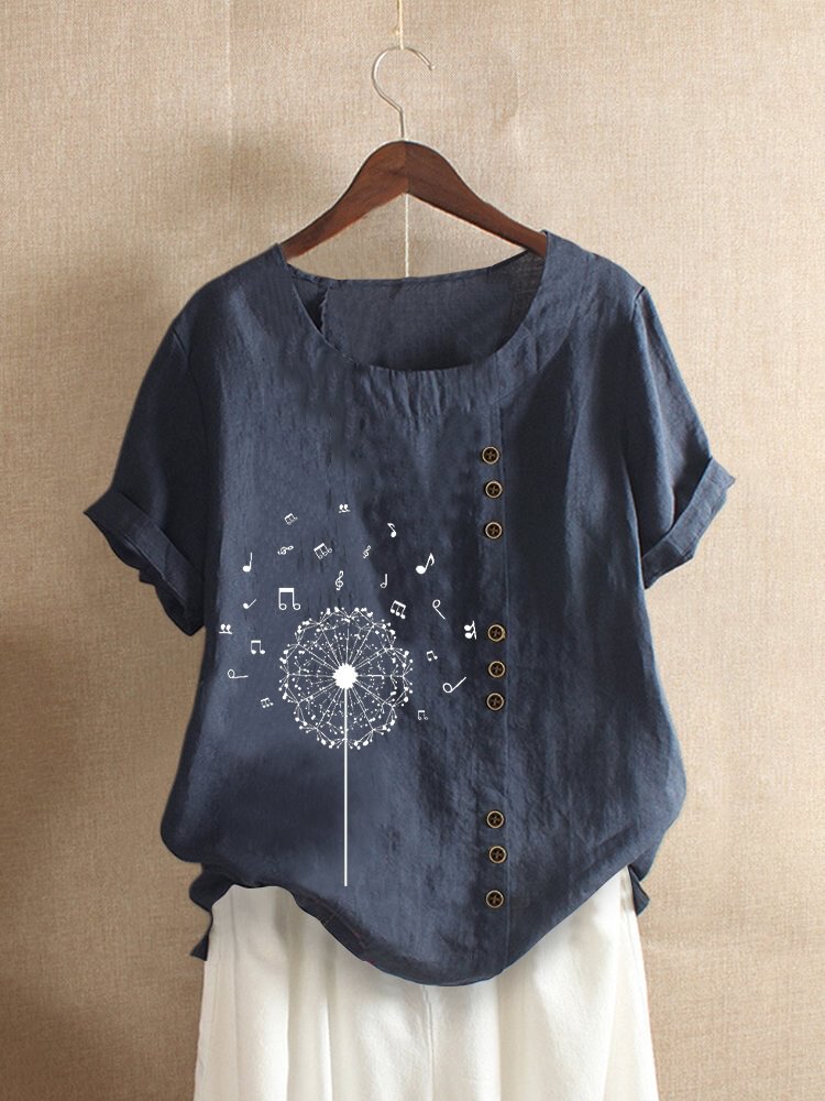 Printed Short Sleeve O Neck Overhead Button T shirt P1659481
