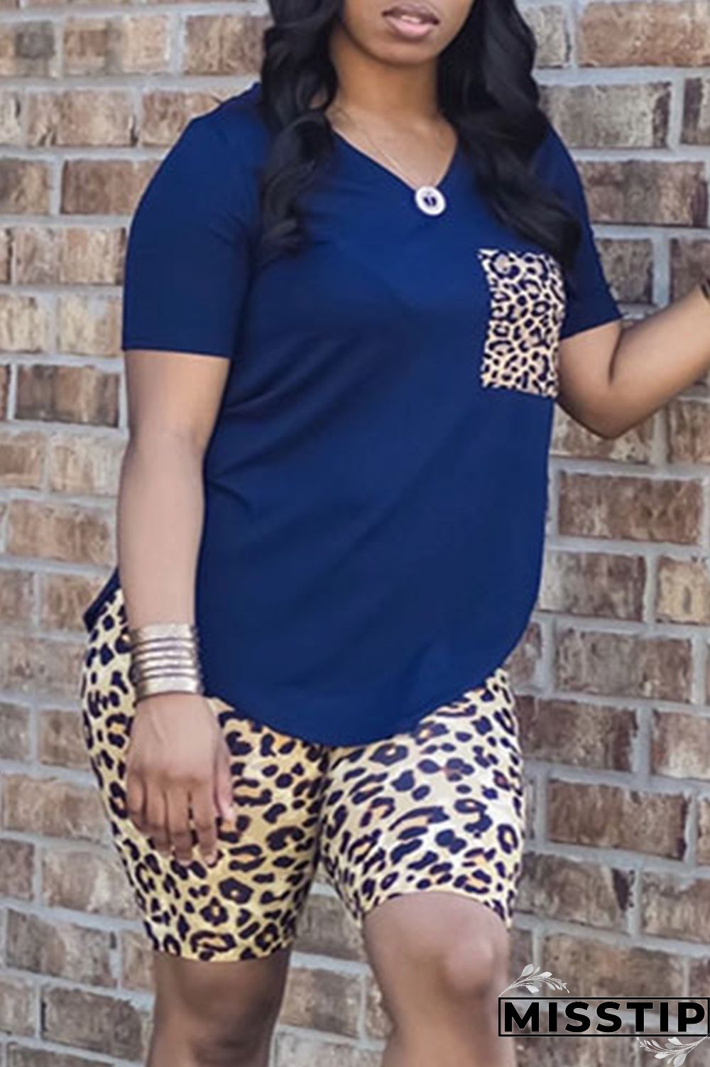 Pink Fashion Casual Leopard Printing V Neck Short Sleeve Two Pieces