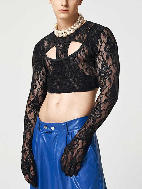 Mens Lace See Through Cutout Gloves T-shirt SKUJ66291