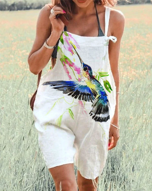 Women's  Hummingbird Flower Print Loose Casual Jumpsuit