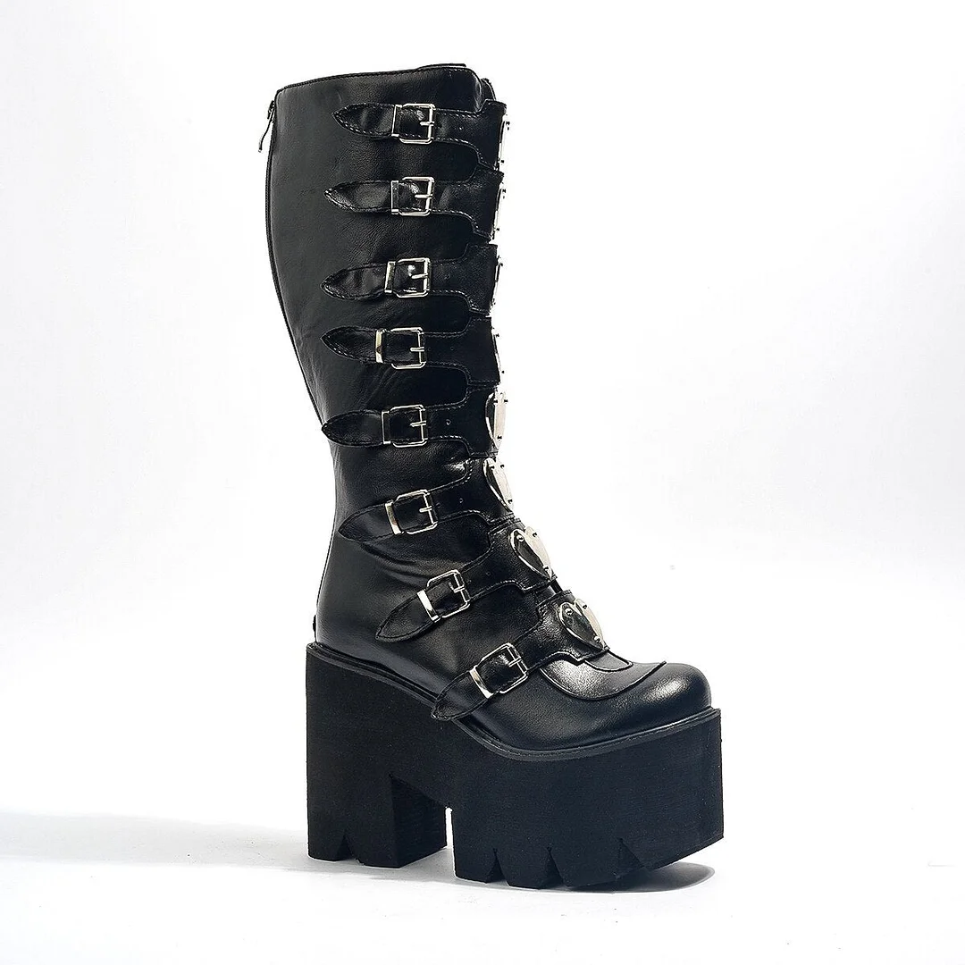Leather Women Mid-Calf Boots Gothic Style Cool Punk Motorcycles Females Boot Platform Wedges High Heels Calf Boots Women's Shoes 1110