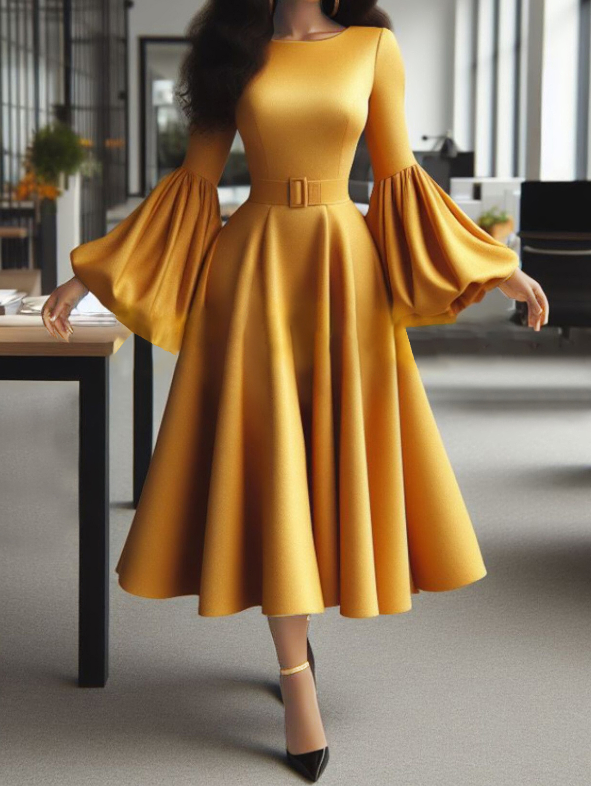 Casual Solid Round Neck Flare Sleeve Belt Midi Dress