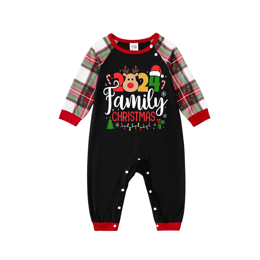 "Family Christmas 2024" Text and Deer Printed Red and White Plaid Family Matching Pajamas