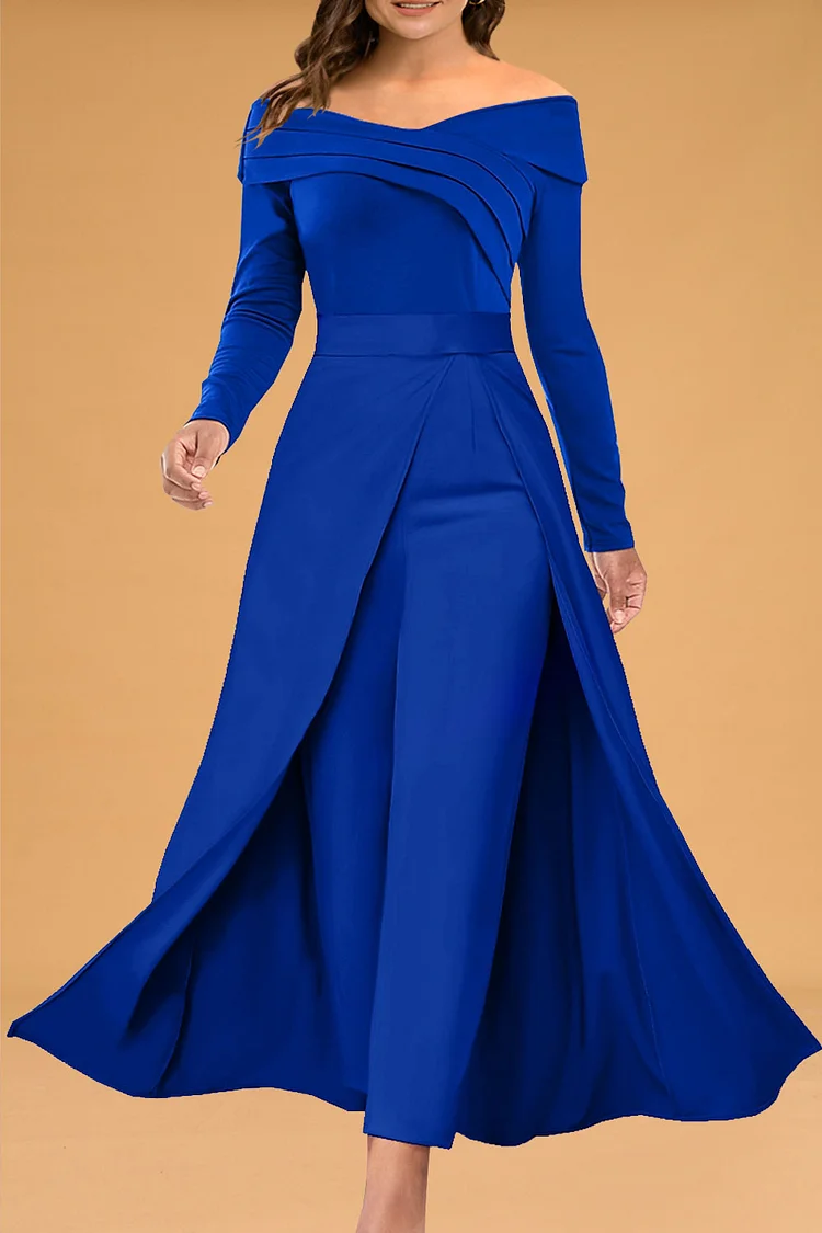 Flycurvy Plus Size Mother Of The Bride Royal Blue Chiffon Off The Shoulder Pleated Double Layer Split Jumpsuit  Flycurvy [product_label]
