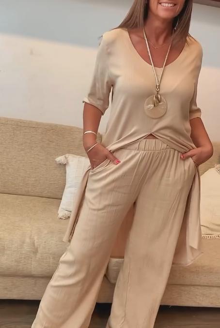 Women's Casual Solid Color Linen Top & Wide Leg Pants Set