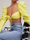 Solid Color Puff Sleeves Long Sleeve Backless T-Shirt Top