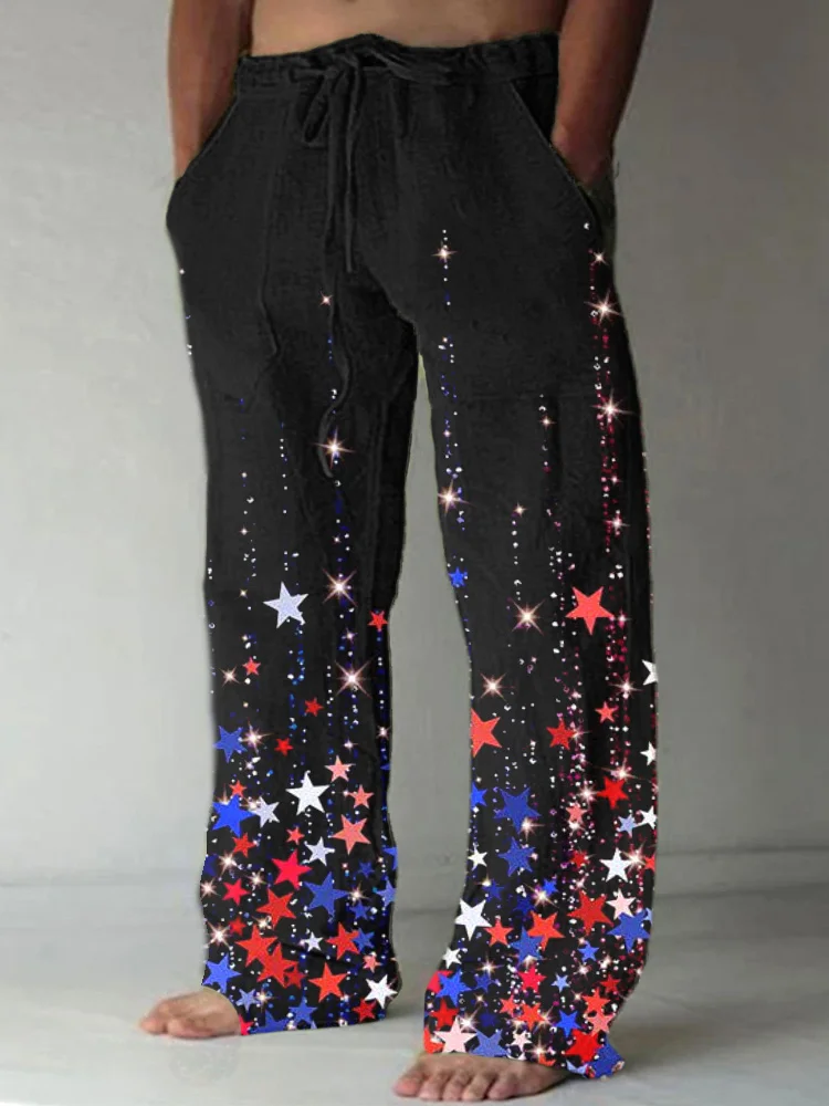 Independence Day Shine Stars Print Linen Blend Casual Pants