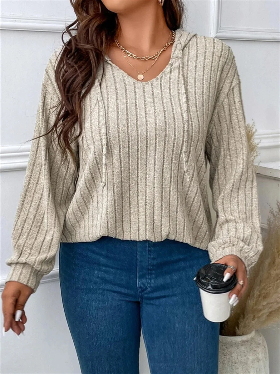 Women's Drawstring Striped Stitching Solid Color Stitching V-neck Long Sleeve Top