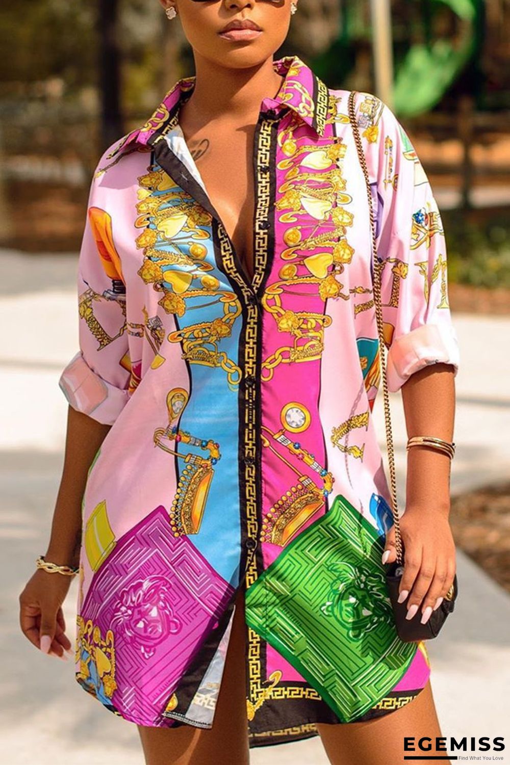 Multicolor Fashion Print Long Sleeve Shirt Dress | EGEMISS