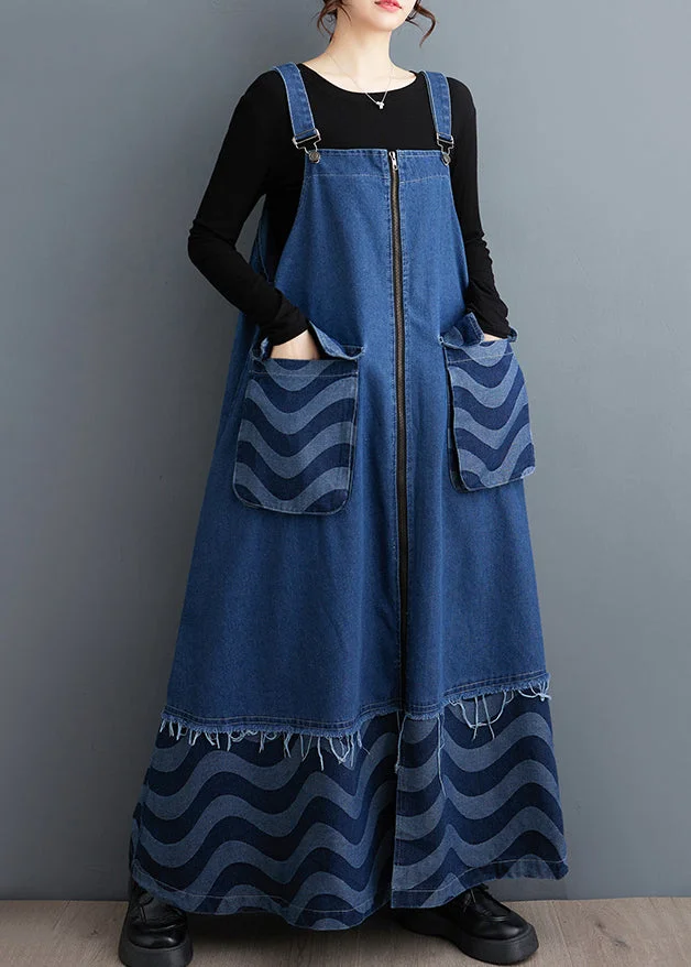 Stylish Blue Zip Up Patchwork Denim Strap Dresses Spring