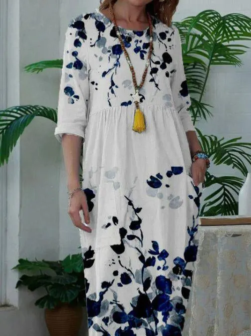 White Pullover Loose Blue Pattern Dress