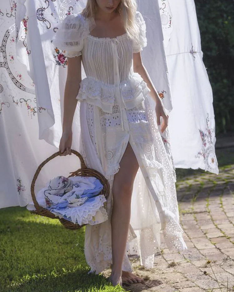 Romantic French Embroidered Lace Ruffle Dress