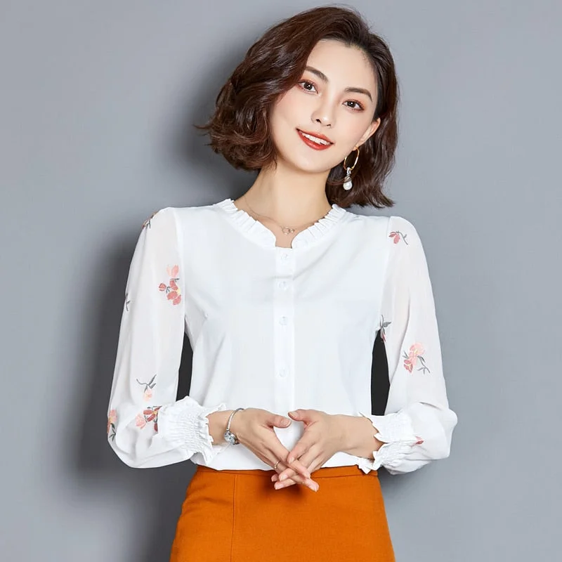 Clothing Women 2021 Plus Size 4XL Long Sleeve Women's Blouses Printed Solid Color Shirt Chiffon Blouse Ladies Tops 5 Color 2640