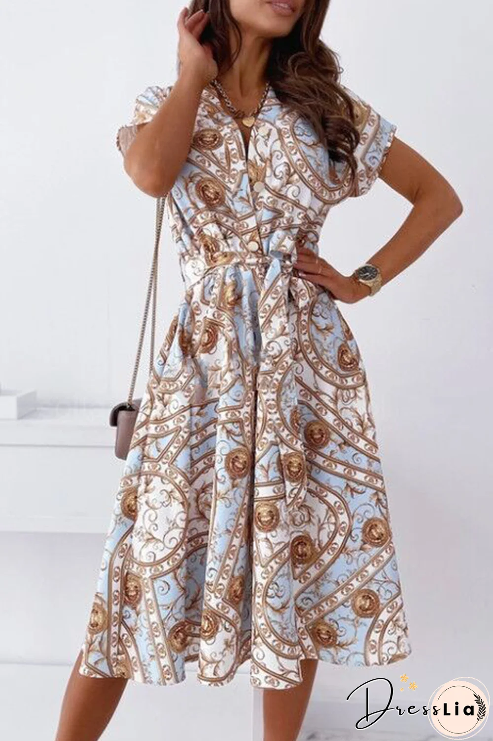 Fashion Elegant Print Buckle With Belt V Neck A Line Dresses