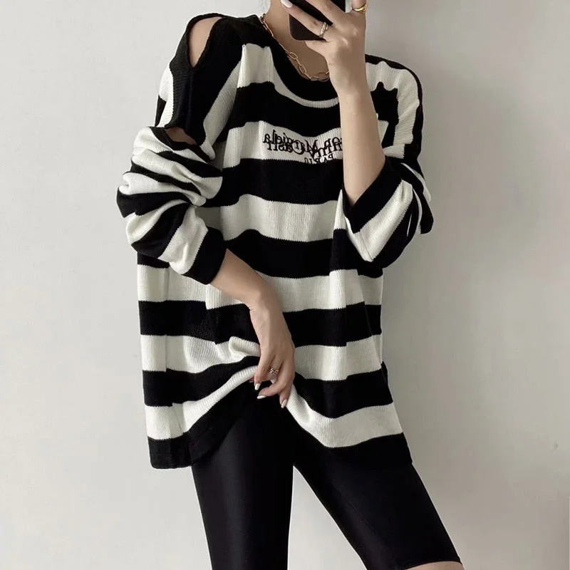 Christmas Gift Black White Striped Hollow Out Oversized Sweater Autumn Women Casual O-neck Long Sleeve Loose Knitted Top Female Basic All Mtach