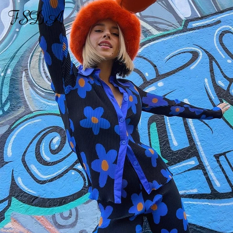 FSDA 2021 Women V Neck Long Sleeve T Shirt Floral Print Pleated 90s Autumn Elegant Fashion Casual Blue Sexy Top Shirts