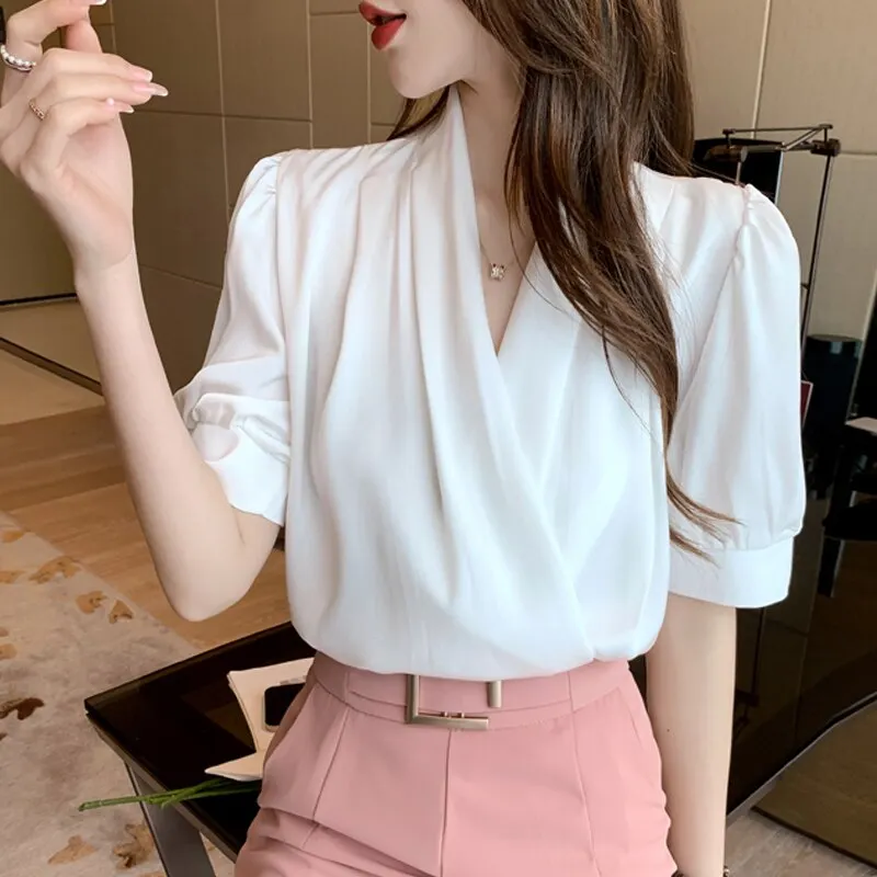 Summer Fashion V-neck Blouse Women 2021 Short Sleeve Tops Office Lady Blouse Female New Chiffon Blouses Clothes Blusas 14080