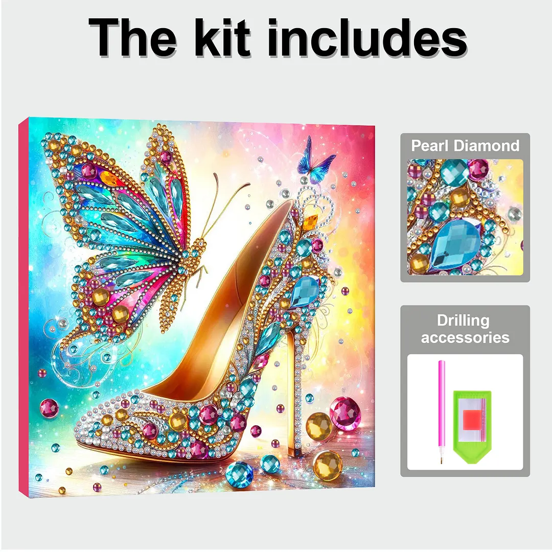 Butterfly High Heels Special Shaped DIY Large Diamond Painting Kit w/ Frame 9.84x9.84inch