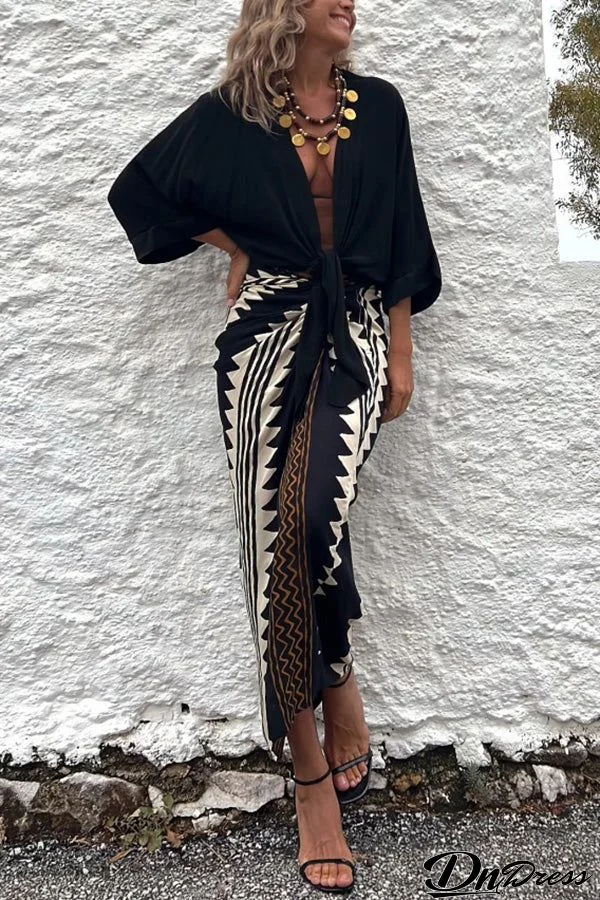 Astra Ethnic Print High Waist Ruched Wrap Maxi Skirt