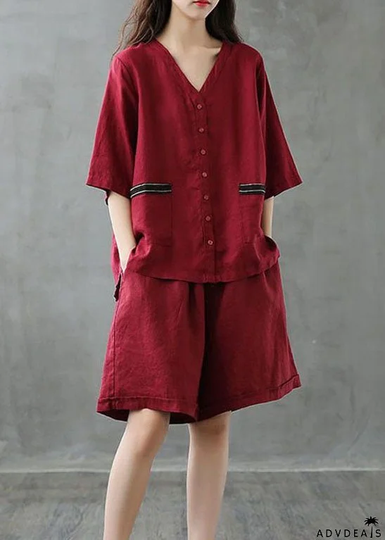 Women Red Button Patchwork Tops And Shorts Linen Two Pieces Set Summer