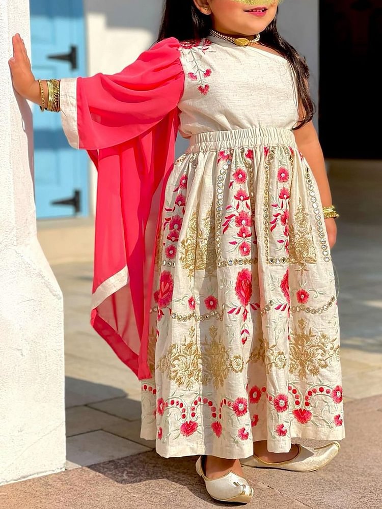 Floral Print Mesh Sleeves Children's Dress