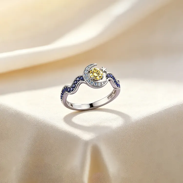 Graduation Gift - Moon & Yellow Diamonds Starry Sky Ring