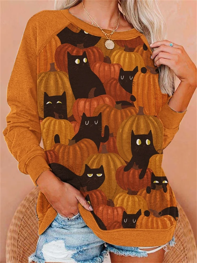 Vefave Lovely Black Cats & Pumpkins Graphic Sweatshirt