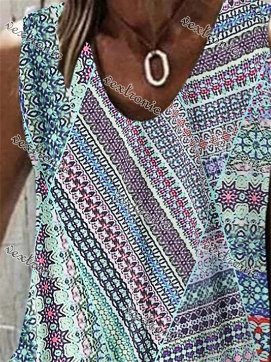 Women Sleeveless Scoop Neck Floral Printed Stitching Women Tops