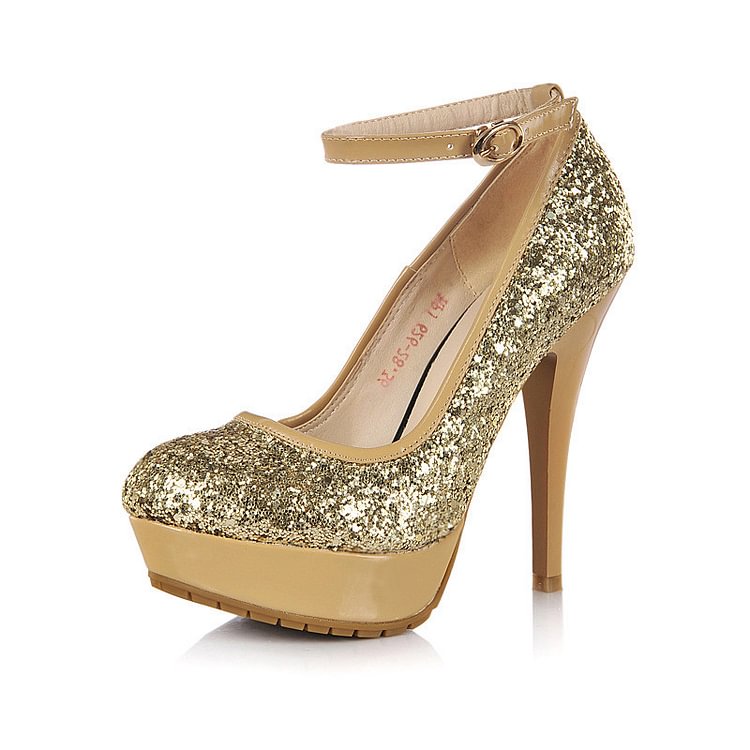 Gold Sparkly Heels Ankle Strap Glitter Platform Pumps for Party |FSJ Shoes