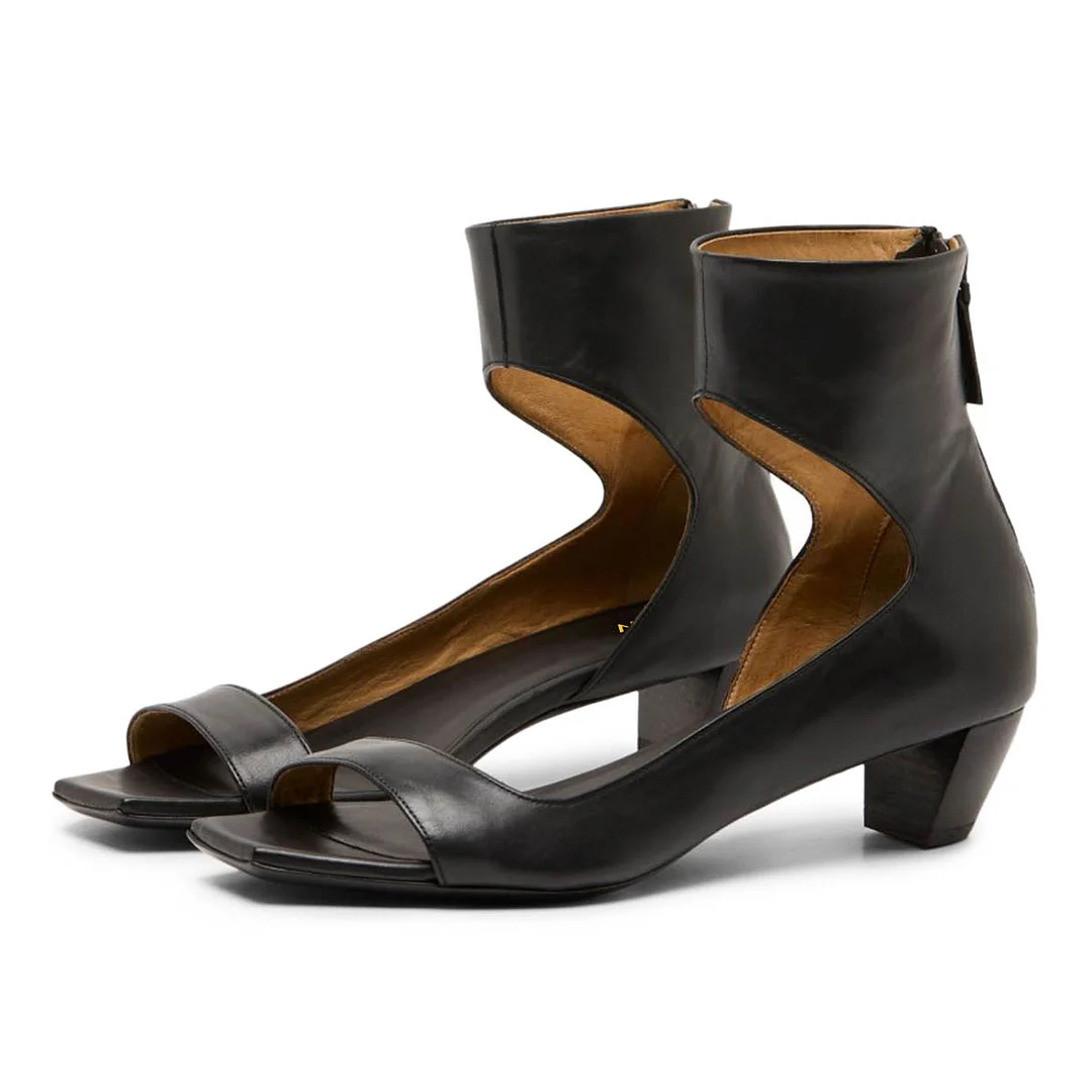 Black Vegan Leather Chunky Heel Zipper Open Toe Sandals for Women