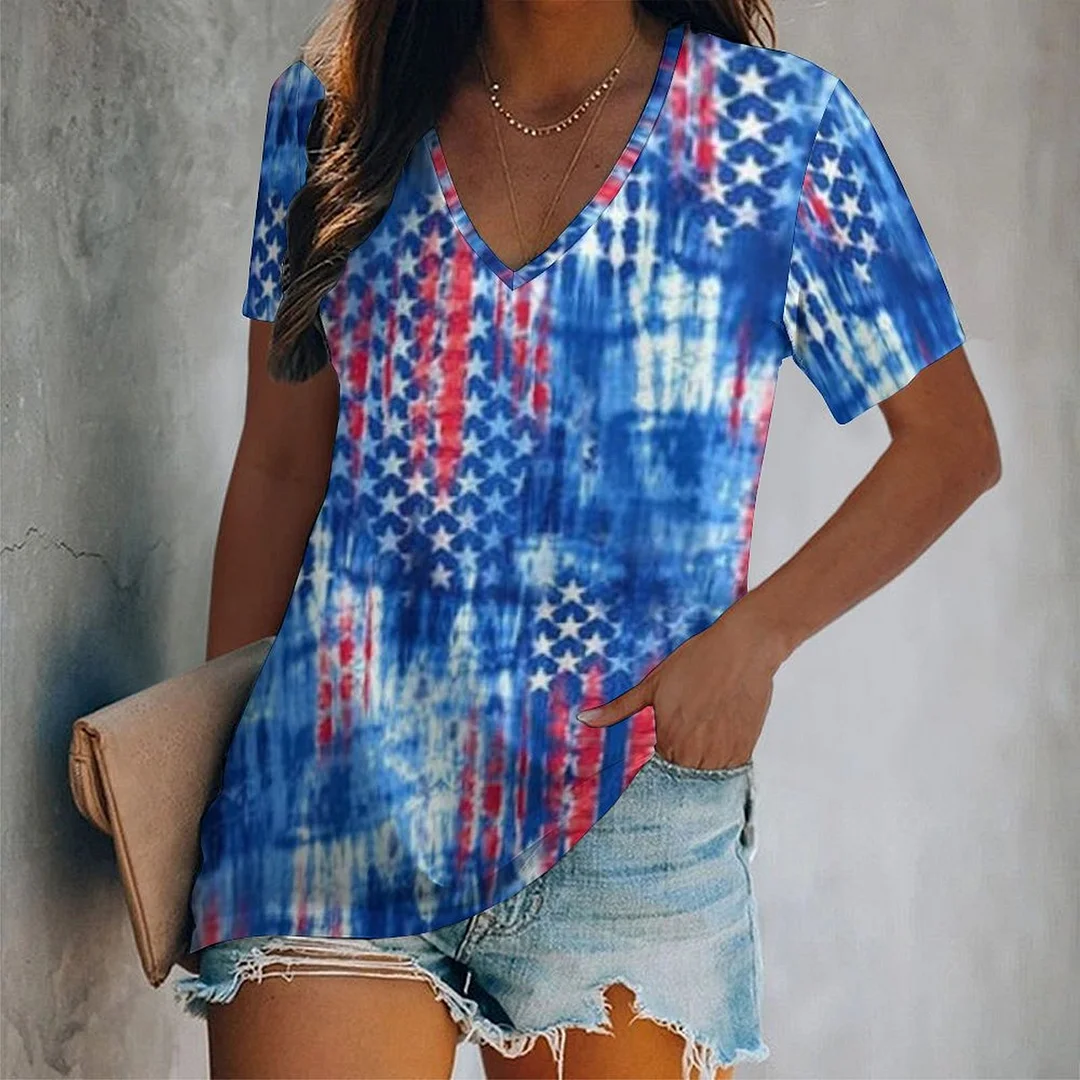 V-neck Short Sleeve Casual T-shirt for  Women Printed with Pattern USA, Independence Day, Star, Striped, Blue, Red