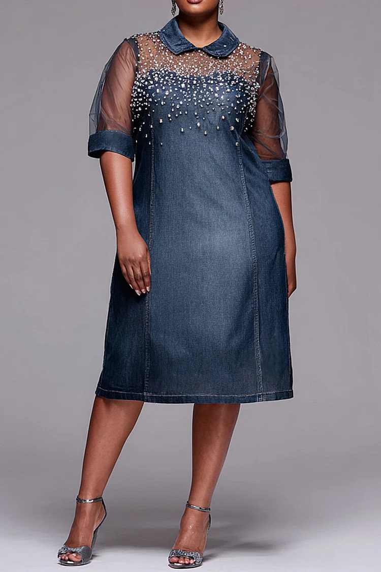 plus size denim and lace dress Xpluswear Design Plus Size Party Tulle Blue Shirt Collar Short Sleeve  Drilling See Through Tencel Denim Midi Dresses